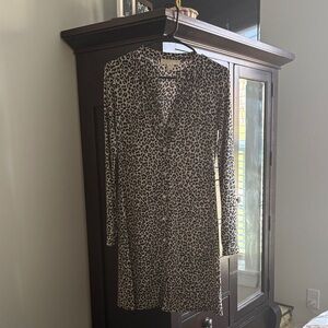 Michael Kors Long-Sleeve Leopard Shirt Dress in Beige and Black